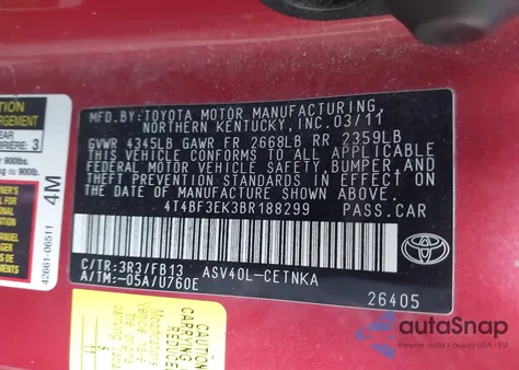 2011 Toyota Camry Le z USA, uszkodzony, nr VIN 4T4BF3EK3BR188299